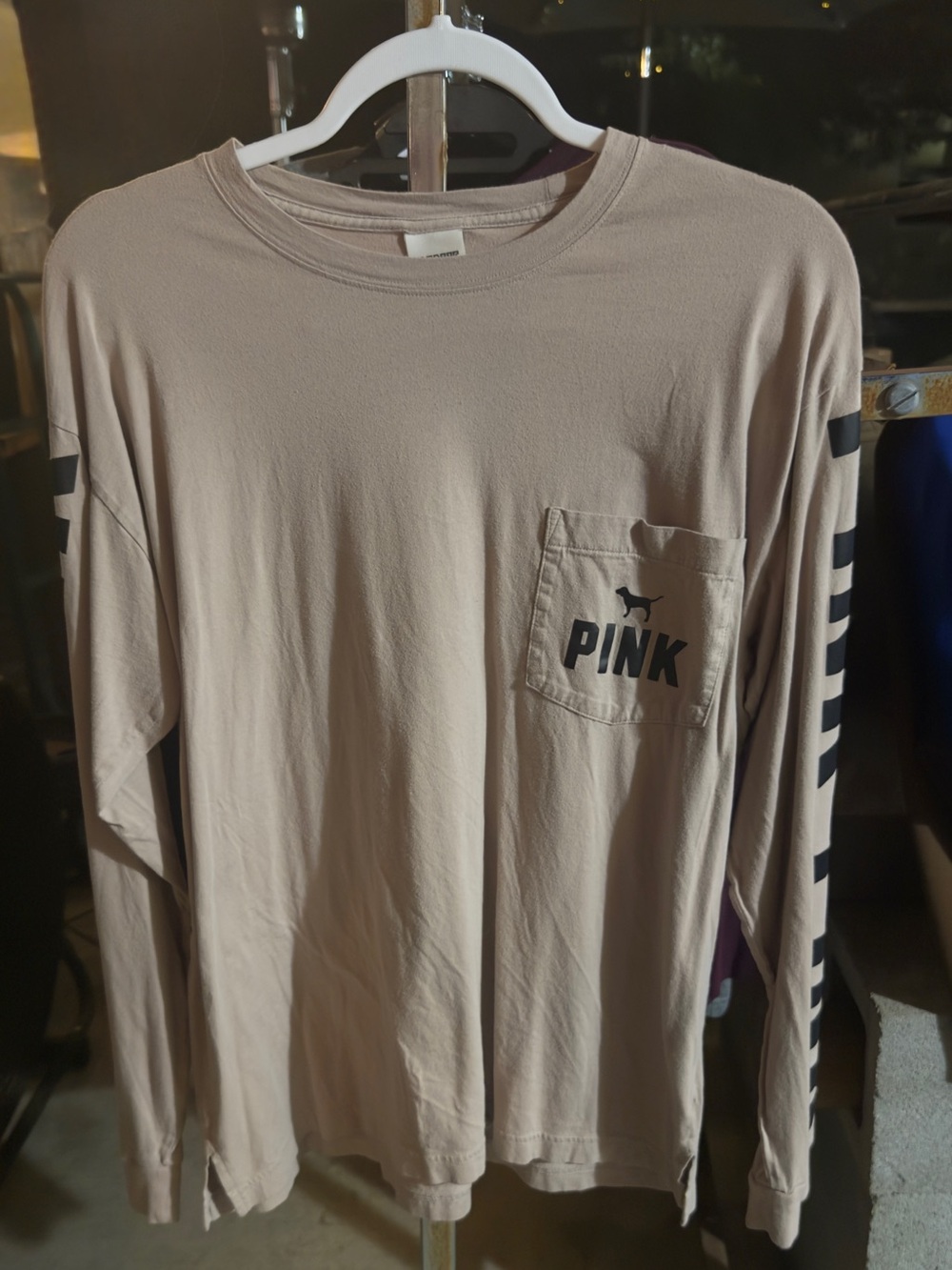 PINK Victoria's Secret Beige Long-Sleeve Pocket Tee with Black Sleeve Stripes
